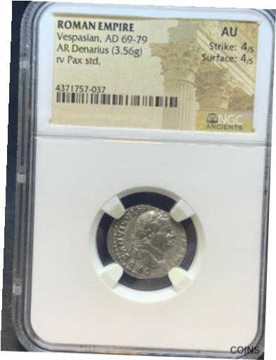 アンティークコイン コイン 金貨 銀貨 [送料無料] VESPASIAN Authentic Ancient AD Rome Silver Roman Coin rv Pax standing NGC AU