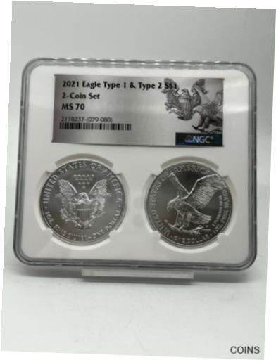 アンティークコイン コイン 金貨 銀貨 [送料無料] 2021 $1 Type 1 and Type 2 Silver Eagle Set NGC MS70 T1 T2 Labelのサムネイル