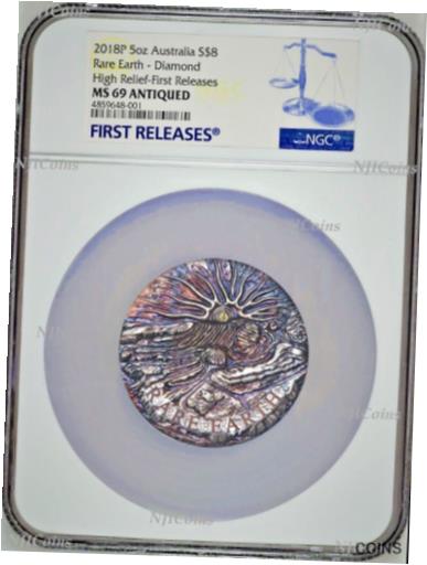 アンティークコイン コイン 金貨 銀貨 [送料無料] Rare Earth 2018 5oz Silver High Relief Patina golden diamond $8 Coin NGC MS69 FR
