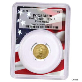 【極美品/品質保証書付】 アンティークコイン コイン 金貨 銀貨 [送料無料] 2021 $5 Type 1 American Gold Eagle 1/10 oz PCGS MS70 FS Flag Frame