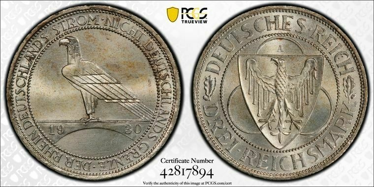 【極美品/品質保証書付】 アンティークコイン コイン 金貨 銀貨 [送料無料] 1930-A PCGS MS66 TOP POP Germany, Weimar Rep. 3 Mk Rhineland Coin #31313A：金銀プラチナ ワールドリソース