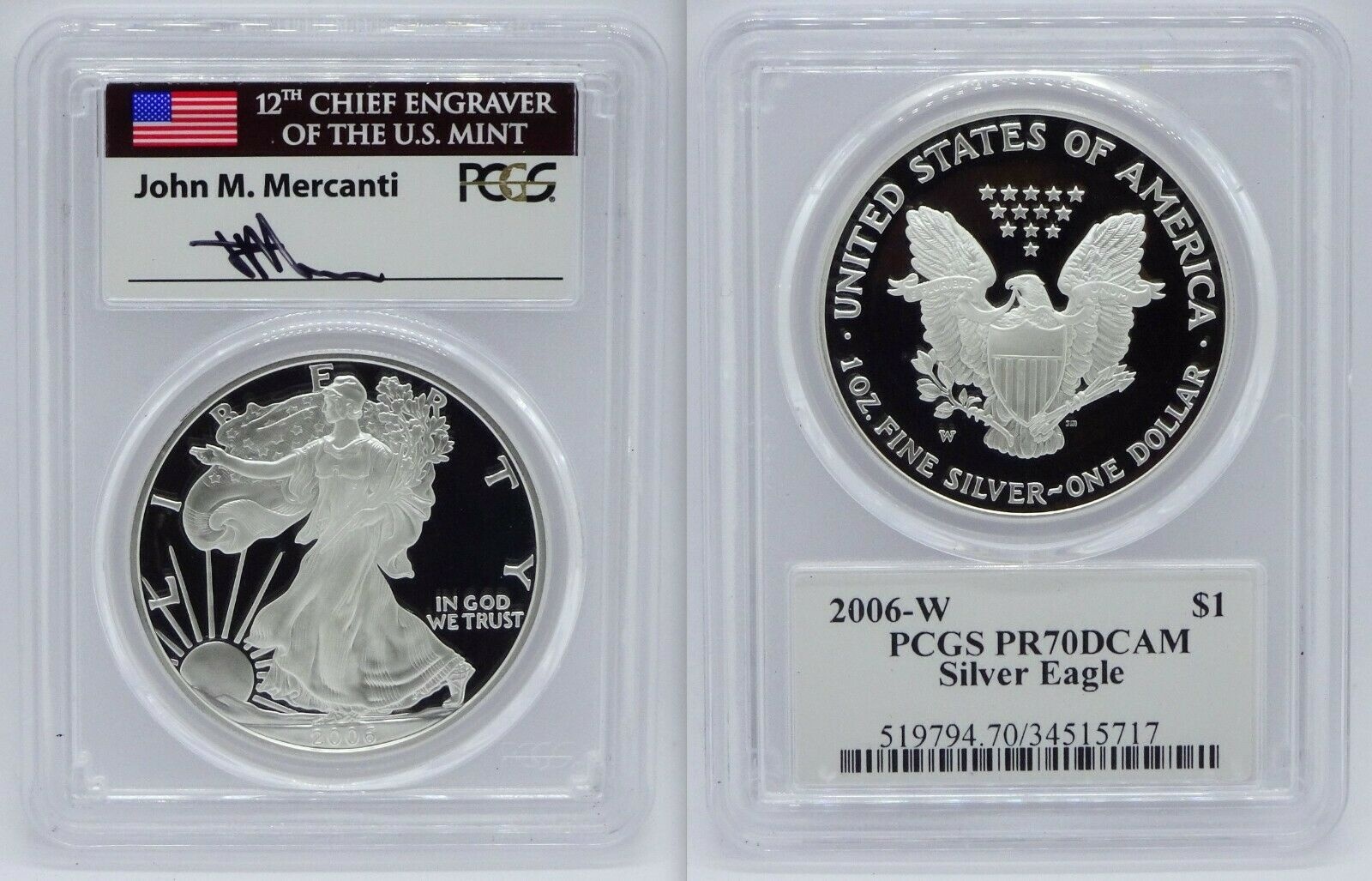  アンティークコイン コイン 金貨 銀貨  [送料無料] 2006-W Proof American Silver Eagle PCGS PR70DCAM Mercanti Signed Flag Label