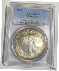 【極美品/品質保証書付】 アンティークコイン コイン 金貨 銀貨 [送料無料] 2001 P Silver Eagles PCGS MS-68 Rainbow Toning