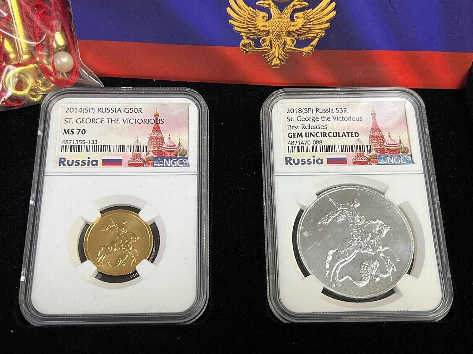 アンティークコイン コイン 金貨 銀貨 [送料無料] 2014 Russia 50 Rubles Gold NGC MS-70 + 2018 3 Ruble Silver NGC UNC St George Set