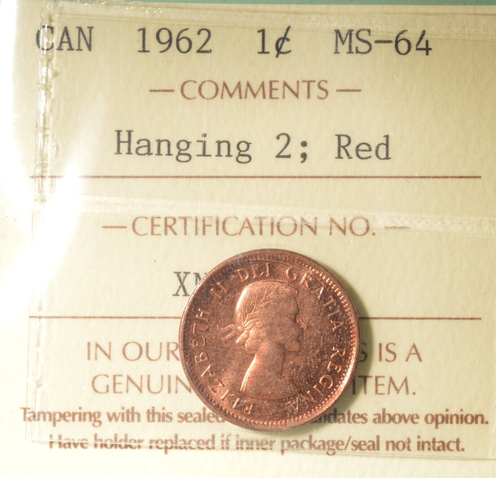  アンティークコイン コイン 金貨 銀貨  [送料無料] 1962 - Canada Penny - Hanging 2 - Graded - ICCS MS64 RED 送料無料カード決済可能