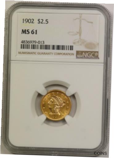 アンティークコイン コイン 金貨 銀貨 [送料無料] 1902 $2.5 NGC MS 61 Liberty Head Gold Quarter Eagleのサムネイル