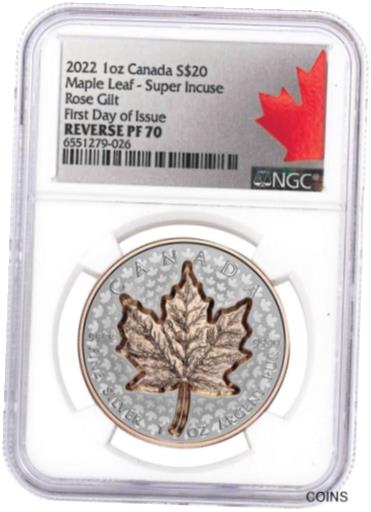 アンティークコイン コイン 金貨 銀貨 [送料無料] 2022 $20 Canada Silver Maple Leaf Super Incuse Rose Gilt Rev Proof NGC PF70 FDOIのサムネイル