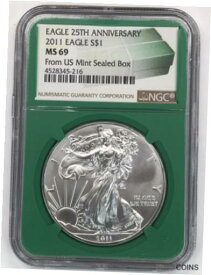 【極美品/品質保証書付】 アンティークコイン コイン 金貨 銀貨 [送料無料] 2011 Silver Eagle 25th Anniversary From US Mint Sealed Box NGC MS69 Green Core
