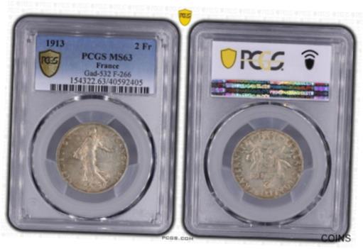  アンティークコイン コイン 金貨 銀貨  [送料無料] Coin France Francs Semeuse 1913 PCGS MS63 Silver