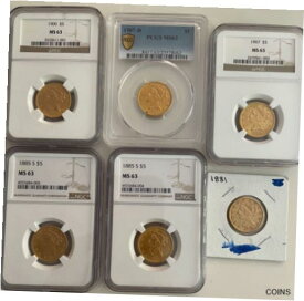 【極美品/品質保証書付】 アンティークコイン 金貨 SIX---- MS 63, NGC/PCGS U.S. $5.00 GOLD COINS 1881, (2)1885-S,1907,1907-D,1901 [送料無料] #gct-wr-012451-3232