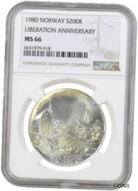 【極美品/品質保証書付】 アンティークコイン コイン 金貨 銀貨 [送料無料] Norway 200 kroner 1980, NGC MS66, "35th Anniversary - Liberation" silver coin