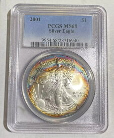【極美品/品質保証書付】 アンティークコイン コイン 金貨 銀貨 [送料無料] 2001 P Silver Eagles PCGS MS-68 Rainbow Toning