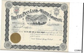 【極美品/品質保証書付】 アンティークコイン コイン 金貨 銀貨 [送料無料] THE UTE PASS LAND AND WATER COMPANY (COLORADO),,,1890'S STOCK CERTIFICATE