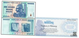 【極美品/品質保証書付】 アンティークコイン コイン 金貨 銀貨 [送料無料] Zimbabwe 100 Trillion Banknote 1 Note AA/2008, UNC. COA .. PARKER special