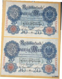 【極美品/品質保証書付】 アンティークコイン 硬貨 Lot Of 2 UNC! 1914 GERMANY Banknote 20 Mark Republic German Old Europe Currency [送料無料] #oof-wr-013355-72