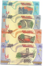 【極美品/品質保証書付】 アンティークコイン 硬貨 Madagascar set 100, 200, 500, en 1000 Ariary Unc 2017 Pn 97a-100a [送料無料] #oof-wr-013365-1177