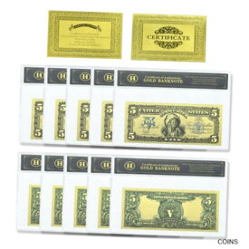 【極美品/品質保証書付】 アンティークコイン コイン 金貨 銀貨 [送料無料] 10pcs Us Five Dollars Gold Foil Banknotes Plastic Craft Money with Plastic Card