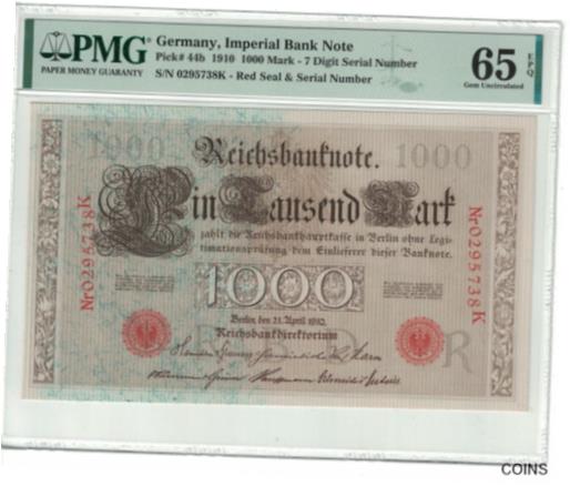  アンティークコイン コイン 金貨 銀貨  [送料無料] GERMANY 1000 Mark 21.4.1910 Pick# 44b PMG: 65 EPQ GEM UNC. (#PL1297)