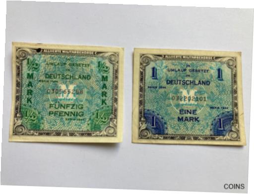 アンティークコイン コイン 金貨 銀貨 [送料無料] 1944 Germany Alliierte Militarbehorde 1 Mark and 1/2 Mark Military Banknote