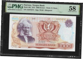 【極美品/品質保証書付】 アンティークコイン コイン 金貨 銀貨 [送料無料] Norway 1000 Kroner 1975 PMG 58 P#40a Norges Bank PMG Population 1/10