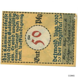 【極美品/品質保証書付】 アンティークコイン コイン 金貨 銀貨 [送料無料] [#320836] Banknote, Germany, Detmold Stadt, 50 Pfennig, personnage 1, 1920, AU(5