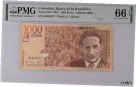 【極美品/品質保証書付】 アンティークコイン コイン 金貨 銀貨 [送料無料] Colombia 1000 Pesos 2001 P 450 a Gem UNC PMG 66 EPQ