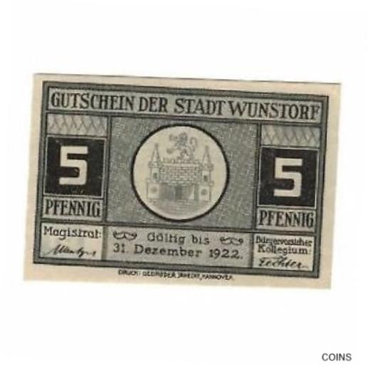 アンティークコイン コイン 金貨 銀貨 [送料無料] [#322372] Banknote Germany Wunstorf Stadt 5 Pfennig Batiment 1922 1922-12-