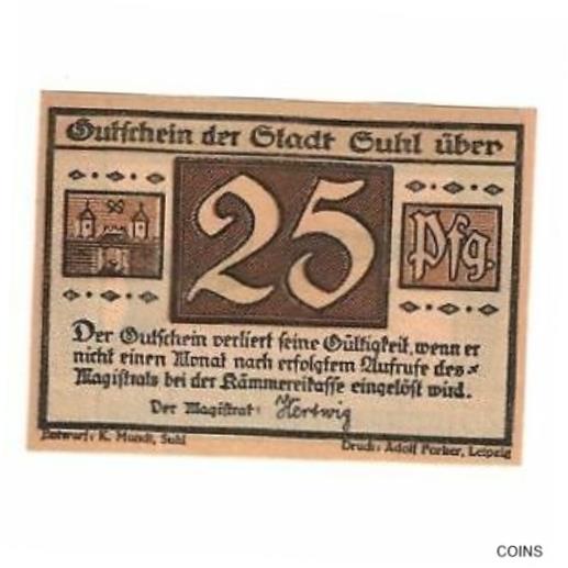 アンティークコイン コイン 金貨 銀貨 [送料無料] [#321174] Banknote Germany Suhl Stadt 25 Pfennig Arme 3 1922 AU Me