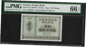 【極美品/品質保証書付】 アンティークコイン コイン 金貨 銀貨 [送料無料] Norway 1 Krone 1940 PMG 66 EPQ UNC P#15a Norges Bank Serial Number Prefix A1