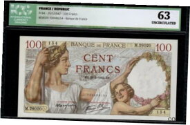 【極美品/品質保証書付】 アンティークコイン コイン 金貨 銀貨 [送料無料] FRANCE BANKNOTE 100 francs 29-1-1942, P94, UNC, ICG graded *63*!