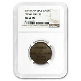 【極美品/品質保証書付】 アンティークコイン コイン 金貨 銀貨 [送料無料] 1794 Franklin Press Token, Plain Edge, MS-62 Brown NGC - SKU#188414