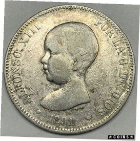 【極美品/品質保証書付】 アンティークコイン コイン 金貨 銀貨 [送料無料] 1891 Spain 5 Pesetas Fine Detail 90% Silver Coin KM 689 Alphonso VIII PG-M