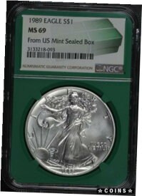 【極美品/品質保証書付】 アンティークコイン コイン 金貨 銀貨 [送料無料] 1989 American Silver Eagle From US Mint Sealed Box NGC MS-69 Green Core