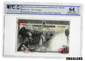 1953 xM[ RS 20 tW{ TDLR P25 Choice Unc 64 #oof-wr-4379-56 1953 Belgium Congo 20 Francs Banknote Specimen TDLR P25 Choice Unc 64 #oof-wr-4379-56