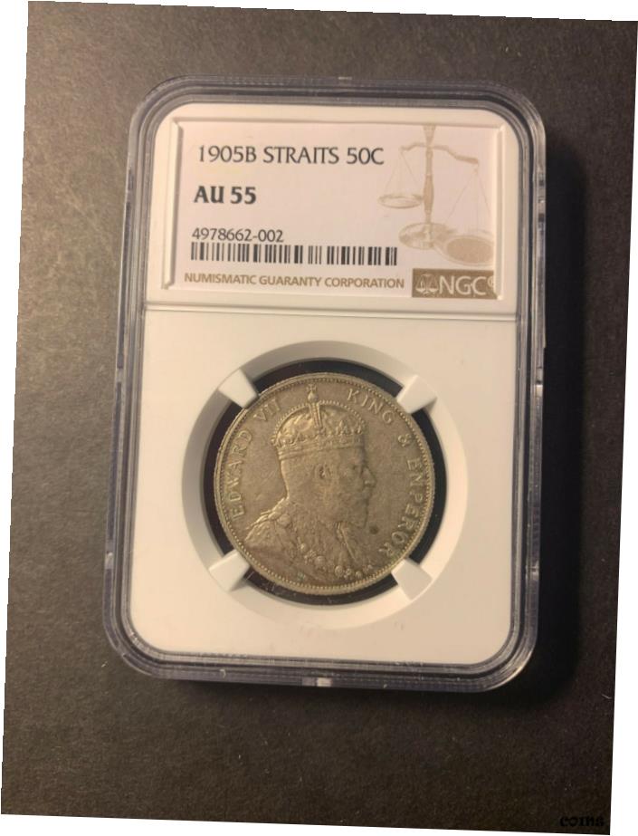 アンティークコイン コイン 金貨 銀貨 [送料無料] Straits Settlements silver 50 cents 1905 未流通NGC AU55- show original title