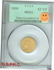 【極美品/品質保証書付】 アンティークコイン 硬貨 1909年 $2.5 インドゴールド クォーター イーグル PCGS MS63 MS-63 古いグリーン ホルダー OGH ！- show original title [送料無料] #oot-wr-6742-1313