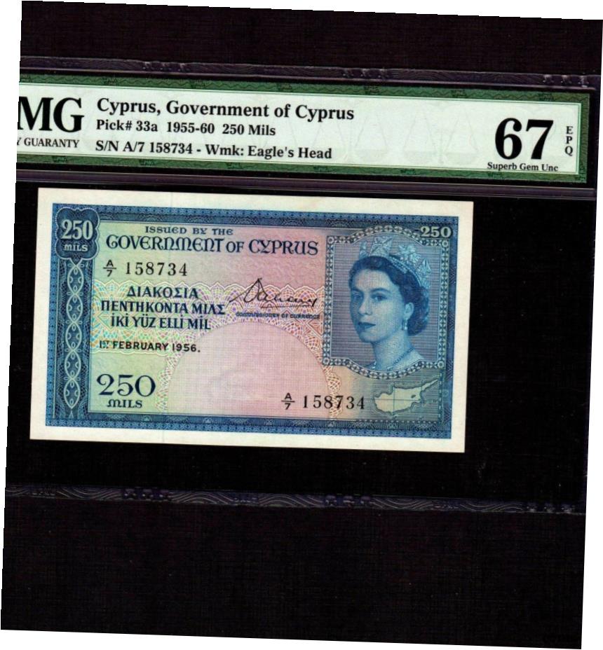 【極美品/品質保証書付】 アンティークコイン 硬貨 Cyprus 250マイル 1956 P-33a * PMG Superb Gem Unc 67 EPQ * Queen Elizabeth *- show original title [送料無料] #oof-wr-6855-431：金銀プラチナ ワールドリソース