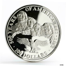 【極美品/品質保証書付】 アンティークコイン コイン 金貨 銀貨 [送料無料] Cook Island 100 dollars Mount Rushmore 500 Years America silver proof coin 1991
