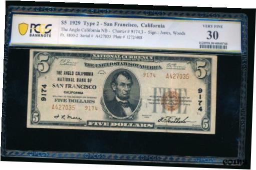 アンティークコイン コイン 金貨 銀貨 [送料無料] AC 1929 $5 Anglo California NB of San Francisco California PCGS 30/c Ch #9174