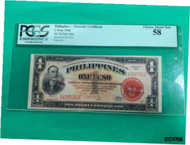 【極美品/品質保証書付】 アンティークコイン コイン 金貨 銀貨 [送料無料] PHILIPPINES 1941 ONE PESO TREASURY CERTIFICATE E4765752E P-8a PCGS CH AU 58