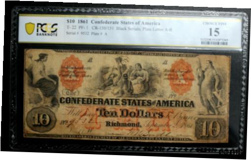 アンティークコイン コイン 金貨 銀貨 [送料無料] T-22 1861 $10 Confederate Currency PCGS 15 CHOICE FINE CSA BRIGHT ORANGEのサムネイル