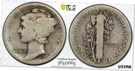 【極美品/品質保証書付】 アンティークコイン コイン 金貨 銀貨 [送料無料] 1916 D 10C Mercury Dime PCGS G 4 Good Denver Mint Key Date CAC Approved Cert#...