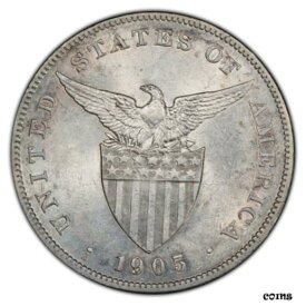 【極美品/品質保証書付】 アンティークコイン コイン 金貨 銀貨 [送料無料] USA-Philippines 1905-S 1 Peso Silver Coin "Curved Serif" PCGS AU55
