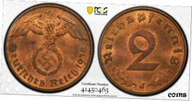 【極美品/品質保証書付】 アンティークコイン コイン 金貨 銀貨 [送料無料] PCGS MS64RB 1938-J 2 Pfennig Pfg Germany, Third Reich J.362 WW2 *One higher*