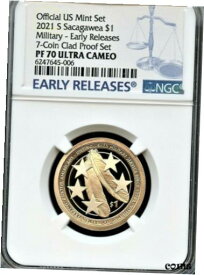 【極美品/品質保証書付】 アンティークコイン コイン 金貨 銀貨 [送料無料] 2021 S Sacagawea $1 Military From 7-Coin Clad Set ER NGC PF70 U.C. (Blue)