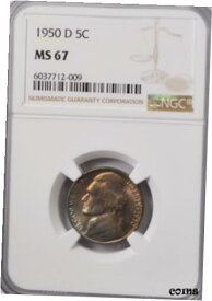 【極美品/品質保証書付】 アンティークコイン コイン 金貨 銀貨 [送料無料] 1950 D 5c Jefferson Nickel Five Cents NGC MS67 BU Denver Orange Toned