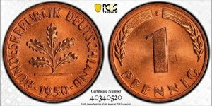 1950-F �h�C�c �y�j�b�q PCGS MS67 ���b�h�g�b�v�|�b�v �ɏ��΁B�N�₩�ȐԐF�B