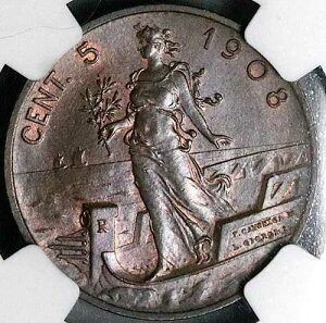 1908�N NGC MS 64 �C�^���A 5 Centesimi �����D �󏭃L�[�R�C�� POP 2/1 (24112202C)