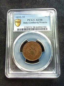 �C�^���A : �����o���f�B�A�B �x�l�`�A : 5 Centesimi 1852 M ; PCGSAU58