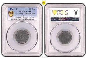 PCGS AU58 10 �y�j�q 1943 A �X���X�e�B�J �h�C�c��O�鍑 �����ݕ� J-371 WW2 Pfg